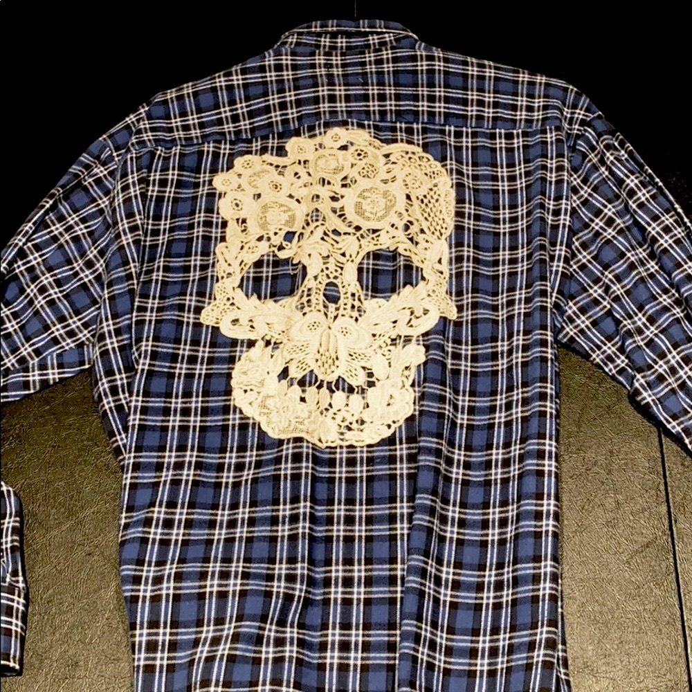 Oversized blue flannel with lace skull